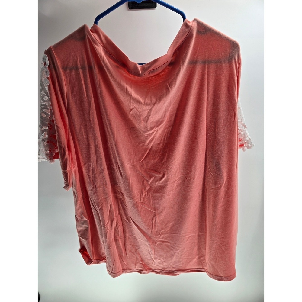Womens Coral Pink V-Neck Short Sleeve Top with‎ White Crochet Lace Trim Size 2XL